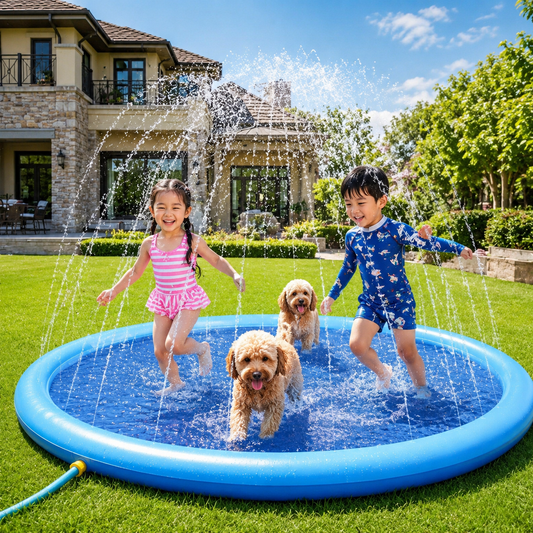 愛犬と子どもが一緒に遊べるひんやりスプラッシュプール｜噴水水遊びマット 100/150/200cm
