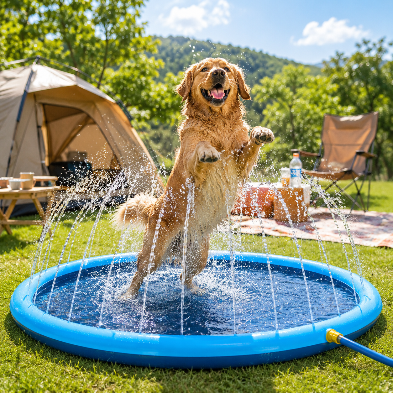 愛犬と子どもが一緒に遊べるひんやりスプラッシュプール｜噴水水遊びマット 100/150/200cm