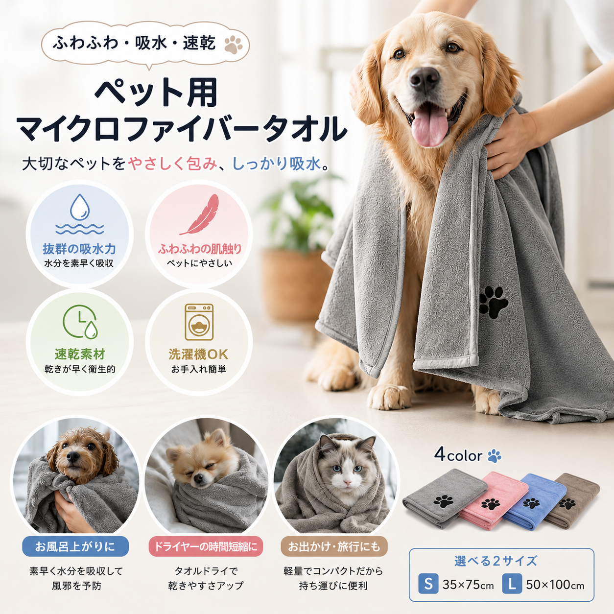 35×75cm 50×100cm 高吸水ペットタオル 通気性の良いマイクロファイバー素材速乾・ふわふわのペット用 グルーミングタオル 犬や猫のお風呂上がり 足拭き