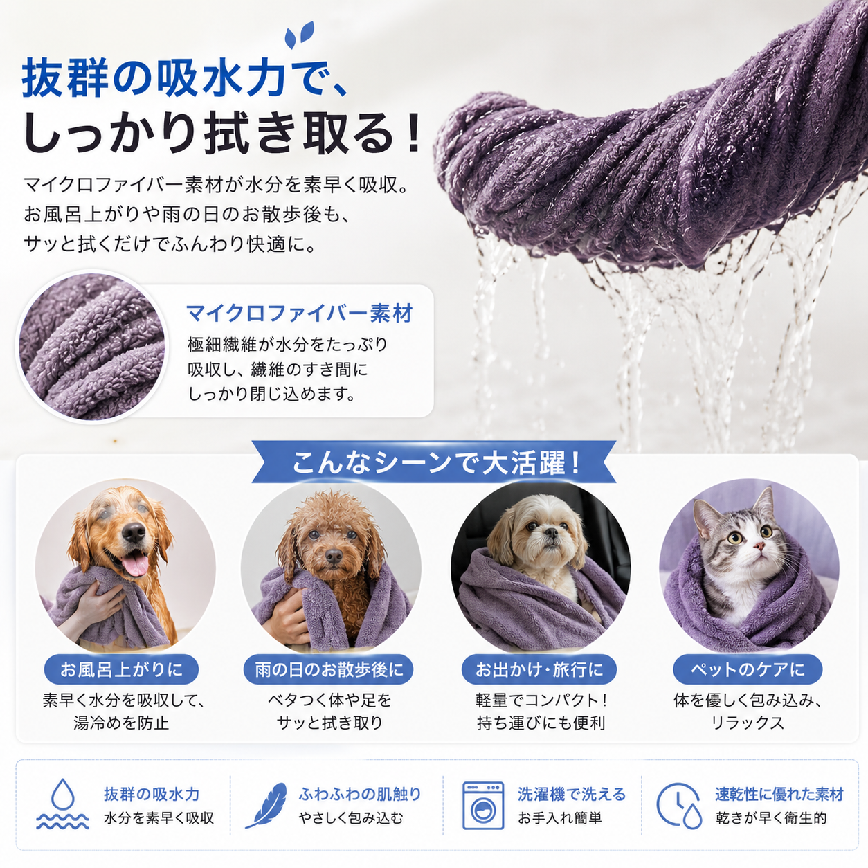 35×75cm 50×100cm 高吸水ペットタオル 通気性の良いマイクロファイバー素材速乾・ふわふわのペット用 グルーミングタオル 犬や猫のお風呂上がり 足拭き
